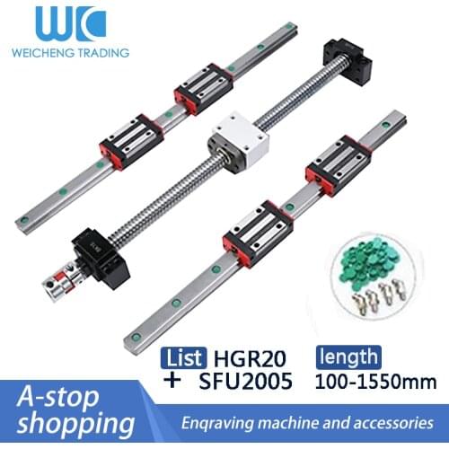 CNC modul Square Linear guides rail 2set HGR20+HGH20CA slides+SFU2005 ball screw end machined with BKBF15 +nut holder+coupling
