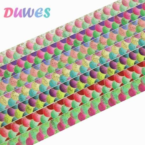 DUWES 5/8'' 50yards fish scale pattern printed Fold Elastic FOE stretch ribbon hairbow headwear headband DIY OEM D1229