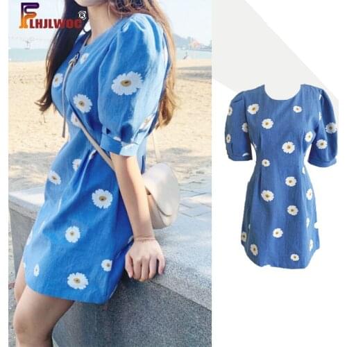 Puff Sleeve Jeans Denim Mini Dress Summer Casual Korean Japan Style Cute Sweet Floral Chic Mini Short Dress