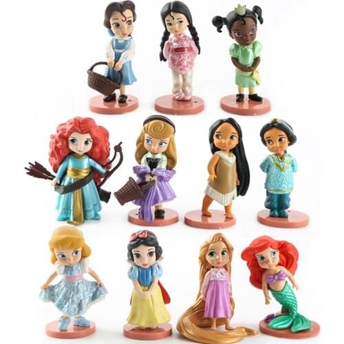 Disney 11pcs Moana Snow White Merida Princess Action Figures Mulan Mermaid Tiana Jasmine Doll Anime Figurines Kid Toy model gift