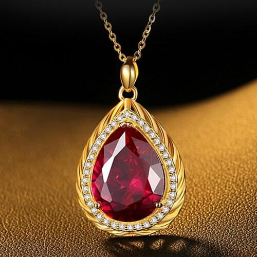 FYSL Light Yellow Gold Color Water Drop Red Crystal Pendant Link Chain Necklace with Cubic Zirconia Jewelry