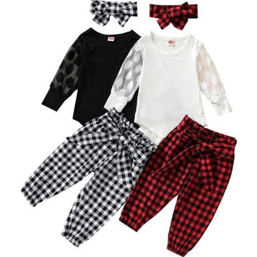Baby Girl’s Tops and Trousers Suit Fresh Solid Color Long Sleeve Romper and Plaid Long Pants with Headband