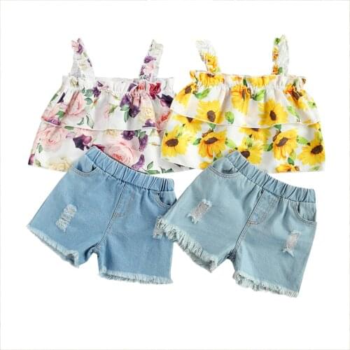 Summer Kids Baby Girls Suit Set Flower Print Sleeveless Tops+ Denim Shorts Clothes Set