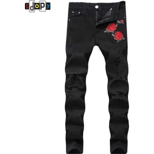 Fashion Mens Floral Embroidery Black Jeans Distressed Ripped Denim Pants Straight Fit Trousers With Hole For Male