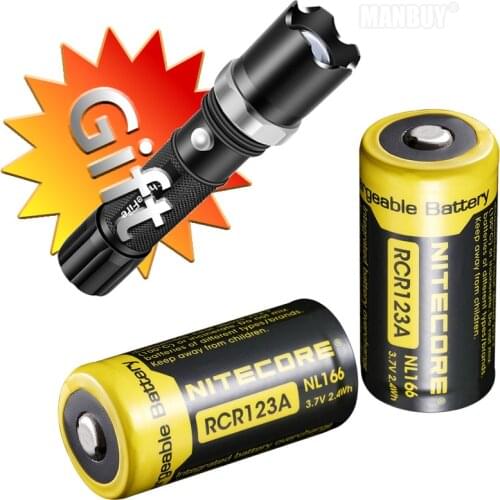 NITECORE 2 Pieces NL166 650mAh 3.7V 2.4Wh Protected Lithium Rechargeable RCR123A 16340 18350 Li-ion Battery Free Gift Flashlight