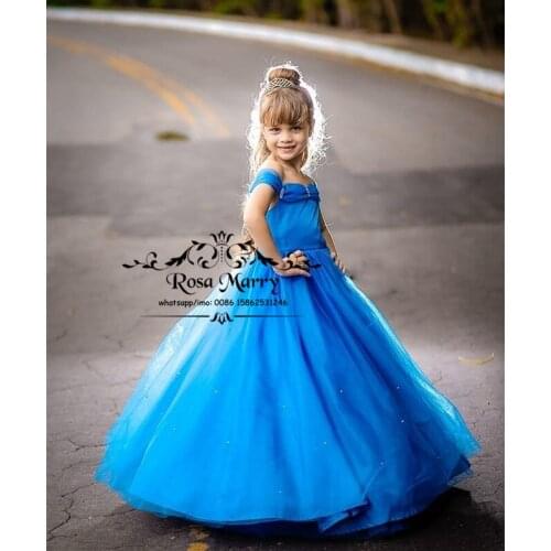 Princess Cinderella Blue Flower Girls Dresses for Weddings 2020 Ball Gown Off Shoulder Beaded Toddler First Holy Communion Gowns