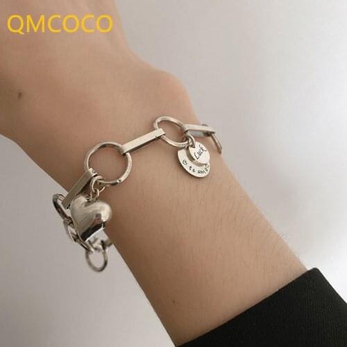 QMCOCO 925 Silver Bracelet For Women New Punk Rock Vintage Couples Creative Thick Chain LOVE Heart-Shape Party Jewelry Gifts