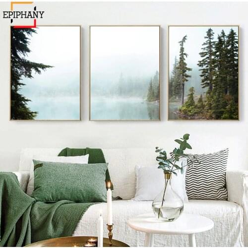 Modern Home Decor Posters Kwai Lake Landscape Canvas Painting Misty Forest Wall Art Scandinavian Wall Pictures for Living Room