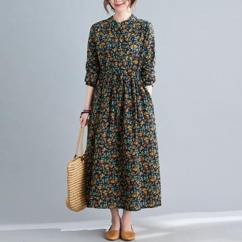 Autumn Dress 2021 New Arrival Cotton Linen Print Floral Vintage Dress Plus Size Travel Casual Dress Prairie Chic Autumn Dress