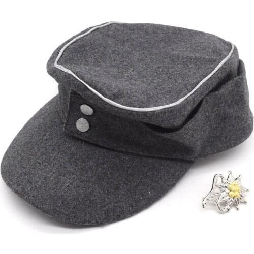 Military Reenactment WWII German WH Elite EM M43 Panzer Wool Cap Hat Green+EM Edelweiss Mountain Badge