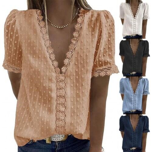 Women Fashion Lace Short Sleeve Casual Hollow Out T-shirt Deep V-neck Solid Color Top Casual Ladies Girls Top All-match T-Shirt