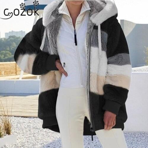 2021 New 5XL Loose Women Hooded Jacket Warm Plush Casual Hooded Coat Mixed Color Patchwork Winter Outwear Zipper Ladies Coat