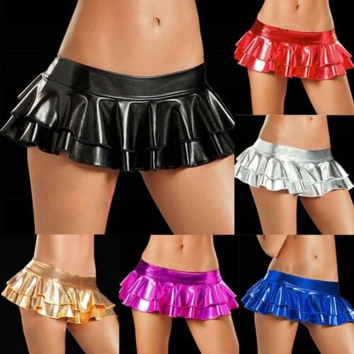 Women Sexy A Line Mini Skirt Ruffles Faux Leather Zip High Mini Short Skirt Multiple Colors