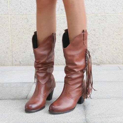 Womens Pleated Mid Calf Boots Ladies Tassel Mid Heels Big Size Woman Leather Pumps Female Footwear Women Comfortable Shoes