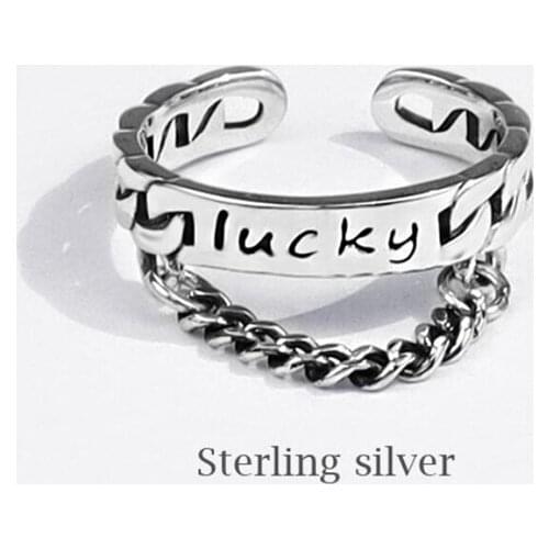 Sole Memory Retro Creative Good Luck Letters 925 Sterling Silver Female Resizable Opening Rings SRI686