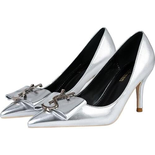 Women Luxury Brand Design Pumps 7cm High Heels Sexy Scarpins Office Lady Party Wedding Prom Platform Low Heels Silver Prom Shoes