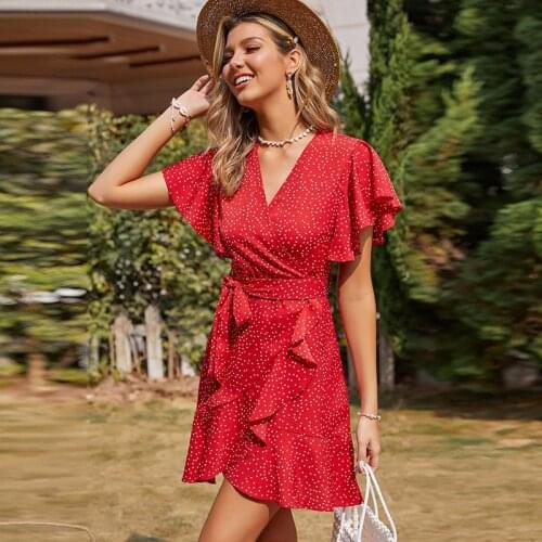 2021 Women Dress Floral Printed Summer Short Butterfly Sleeve V-neck Ruffled A-line Dresses For Female Holidays Chiffon Dress