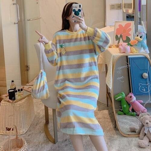 Winter Long Sleeve Thick Warm Flannel Loose Nightgowns Women Casual Striped Coral Velvet Sleepwear Night Dress Nightdress Nighty
