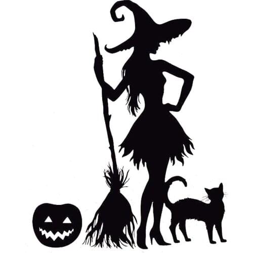 15.7cm*20cm Funny Pumpkin Witch Broom Black Cat Magic Monster Vinyl Car Sticker Decals Black/Silver S6-3966