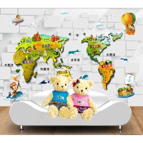 Papel de parede 3D three-dimensional world map cartoon childrens room Background Wall 3D wallpaper mural,living room home decor