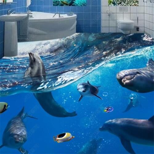Beibehang Custom self-adhesive floor underwater world dolphin 3D three-dimensional floor painting sea water spray bathroom floor