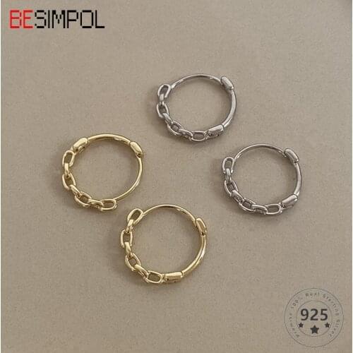Besimpol Real 925 Sterling Silver Minimalist Hoop Earrings Simple Daily Round Buckle Earrings For Women Female Fine Jewelry Gift