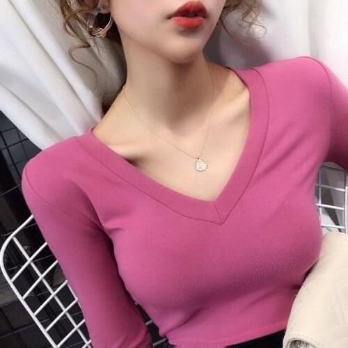 Blouse Women 95% Cotton V-neck Long Sleeve Shirts Womens Slim Fit Bottoming Shirt Top Autumn Clothing Blusas Ropa De Mujer