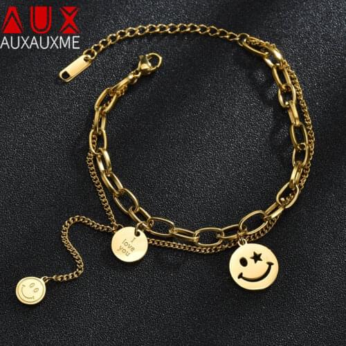Auxauxme I Love You Stainless Steel M Letter Lucky Smiley Face Pendant Bracelet For Ladies Women Girl Creative Jewelry Gift