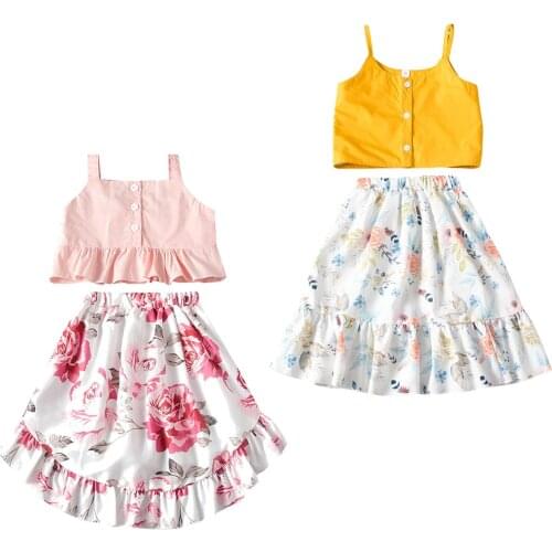 Citgeett Summer 0-7Y Baby Girl 2Pcs Set Single Breasted Sleeveless Crop Top+Floral Print Ruffled Skirt Children Clothes Set