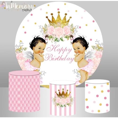 Boy or Girl Gender Reveal Party Backdrop Polka Dots Crown Background Prince or Princess Party Round Circle Cover Banner