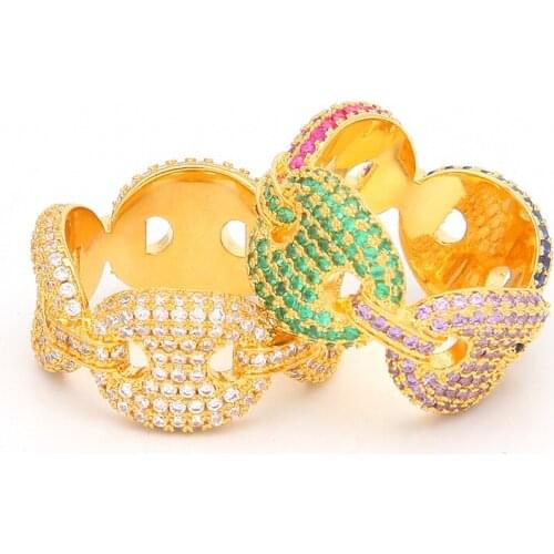 Hip Hop AAA CZ Stone Bling Iced Out Coffee Beans Cubic Zirconia Rings for Men Women Fashion Rapper Jewelry Gifts Gold Color