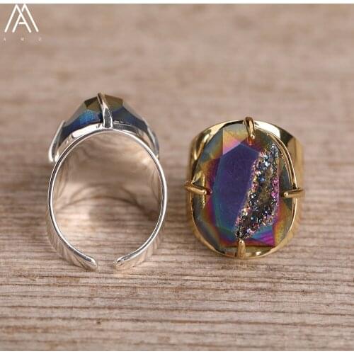 Natural Druzy Agates Stone Oval Beads Silvery Ring For Women Fashion Geode Beads Open Adjustable Ring Jewelry Gift Dropship