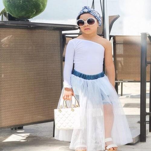 Fall Girls Lounge Set 2PCS Clothes Toddler Childrens Long Sleeve Strapless Tops White T-shirt + Denim Shorts Mesh 2 4 7 Year