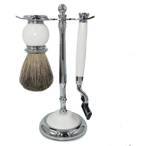 WLONG Classic Barber Shaving Pure Badger Hair Brush Ceramic White Handles Hot Sale Mens Beard Facial Cleaning Tool Set