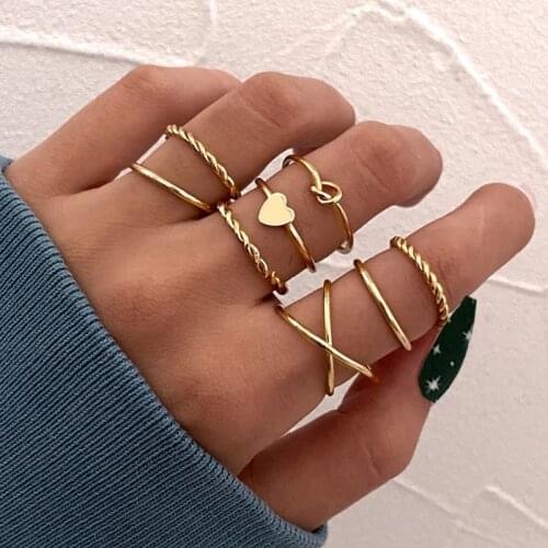 Opening Punk Simplicity Heart Ring Set Bohemia Metal Gold Color for Women Vintage Knot Cross Chain Knuckle Jewelry Gift