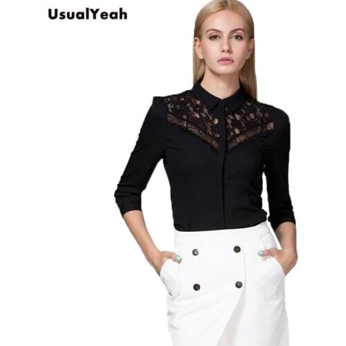 New Women Body Shirt Blouses Slim Fit Turn-down Collar Fashion Lace Patchwork design Three Quarter Sleeve Black SY0287 S-XL