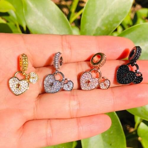 5pcs Doube Heart Lock Charms for Women Bracelet Making Cubic Zirconia Pave Pendant for Necklace Handcraft Jewelry Supply
