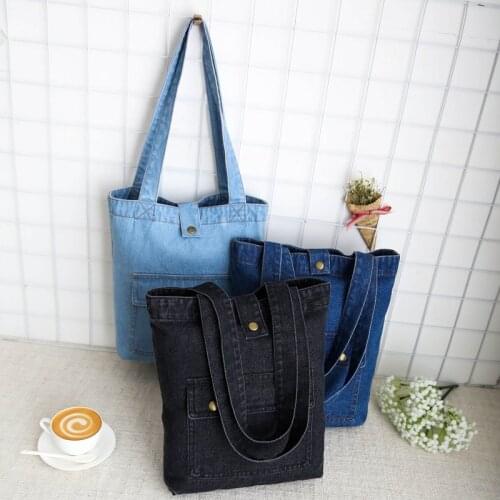 Casual Fashion Hasp Design Black Blue Flap Pocket Denim Pocket Vintage Women Tote Bags Lady Handbags Jeans Denim Shoulder bags