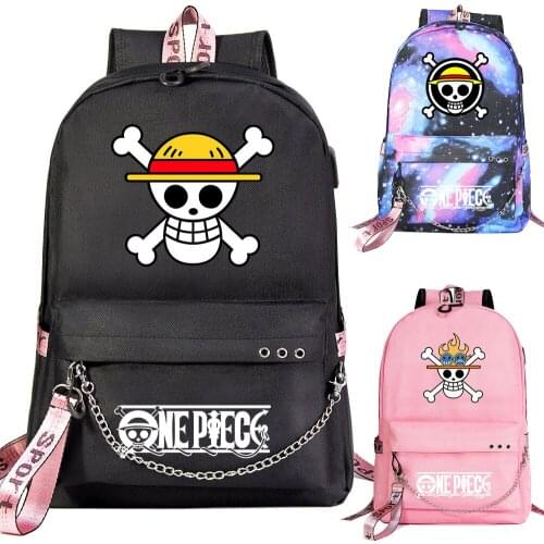 New Cartoon One Piece Skull Prints Boys Girls Kids School bag Women USB Chain Backpack Canvas Men Bagpack Packsack Bookbag
