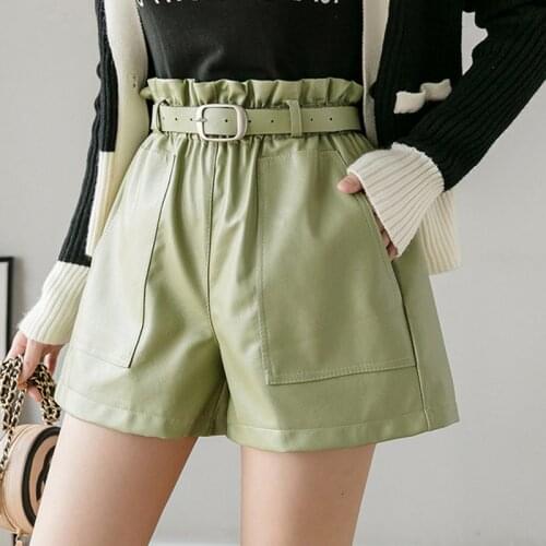 Autumn Winter Women PU Leather Short 2020 Elastic High Waist Wide Leg Shorts Womens Clothing Faux Leather Pocket Shorts Female
