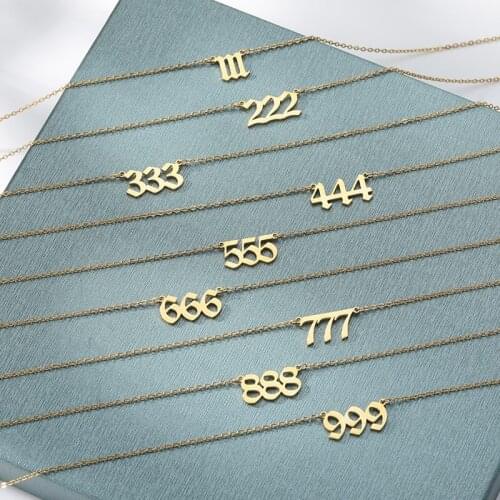 Old English Angel Number Necklaces For Women Men Gold Silver Color Stainless Steel 111 222 333 444 555 666 777 888 999 Necklace