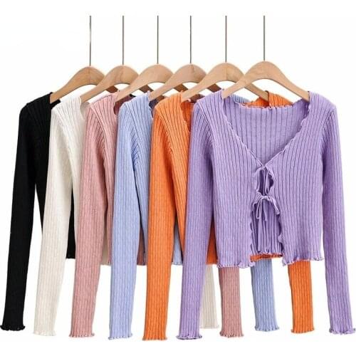 Cropped Cardigan Korean Sweater Women Ruffles Bandage Tops Long Sleeve Knit Cardigans Vintage Striped Ladies Sweaters