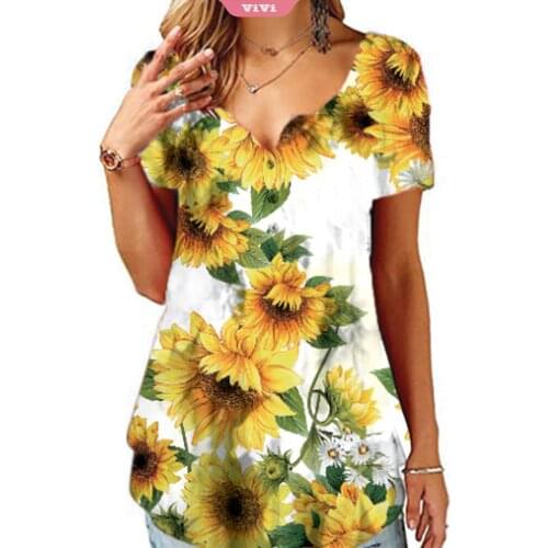 2021 Spring and Summer Womens V-neck Pullover Short Sleeve T-shirt Printed Fashion Loose Ladies Top