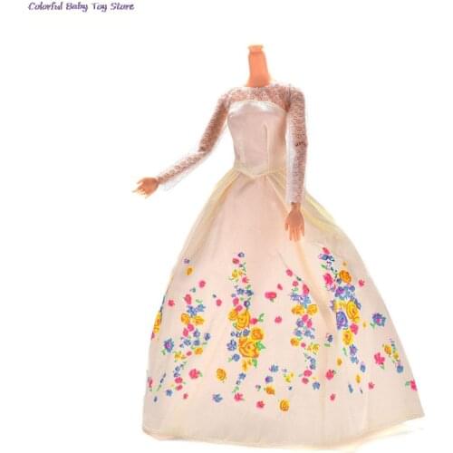 1PCS White Fashion Lace Flower Print Doll Dress Handmake Wedding Dress Clothing Gown For Doll Clothes