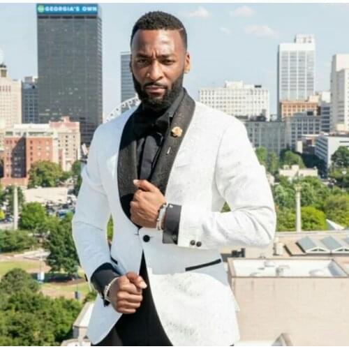 2021 New Style Groomsmen White Pattern Jacquard Black Groom Tuxedos Shawl Lapel Men Wedding Suits 2 Pieces Party Best Man Blazer