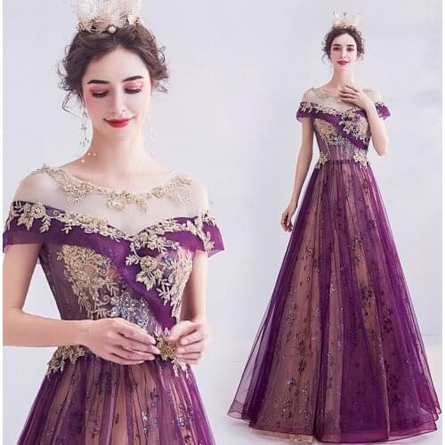 2021 Boat Neck Cross Collar Beads Evening Dress For Wedding Party Color Sequin Purple Formal Gowns Sexy Lace Robe De Soriee