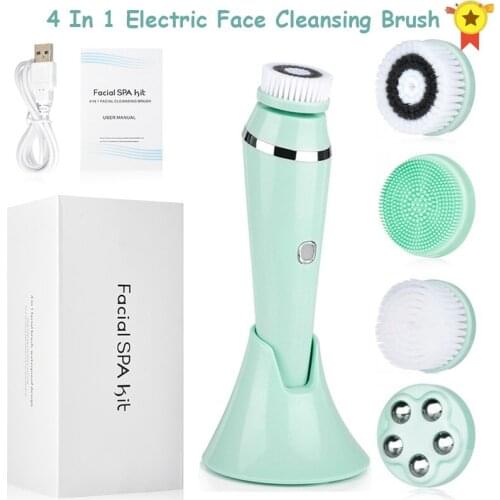 Newest 4 in 1 Electric Facial Brush Face Skin Spa Cleansing USB Rechargeable Massager Cleaner with 4 Heads skin clean beauty