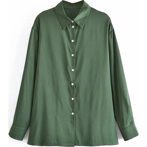 TRAF Za 2021 Green Top Oversize Satin Women Shirt Vintage Button Up Shirt Pleat Long Sleeve Blouses Woman Loose Long Shirts