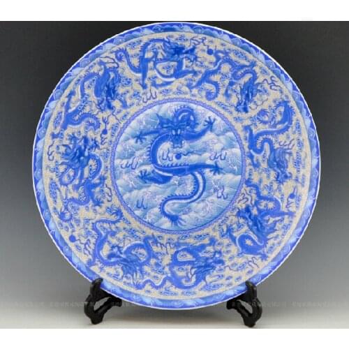 Large size oriental decorative blue and white porcelain ceramic dragon plates as table or wall hanging