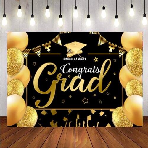 Black Gold Class of 2021 Graduation Backdrop Balloon Glitters Bachelor Cap Party Photography Background For Photo Studio Props